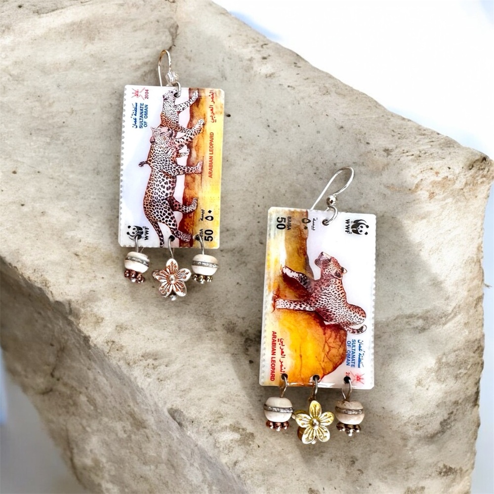 2004 vintage stamps Oman leopards upcycled earrings sterling bone beads